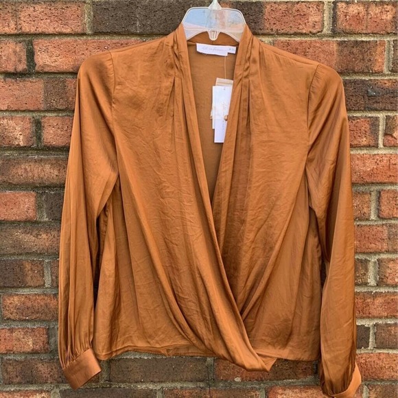 All In Favour Womens Faux Wrap Top Brown Long Sleeve V Neck M New - Picture 1 of 7